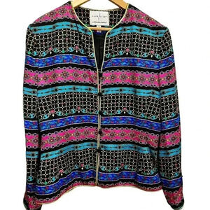 Vintage Adrianna Papell‎ Multicolor Silk Blazer Jacket Women's Size 12